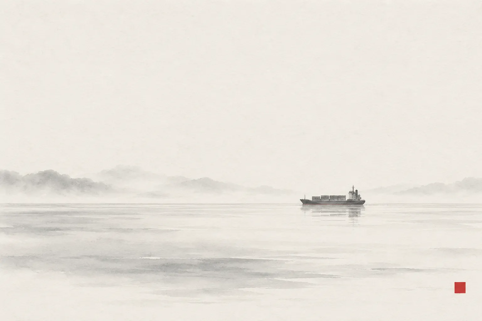Illustration à l'encre d'un porte-conteneurs traversant une eau calme et brumeuse.