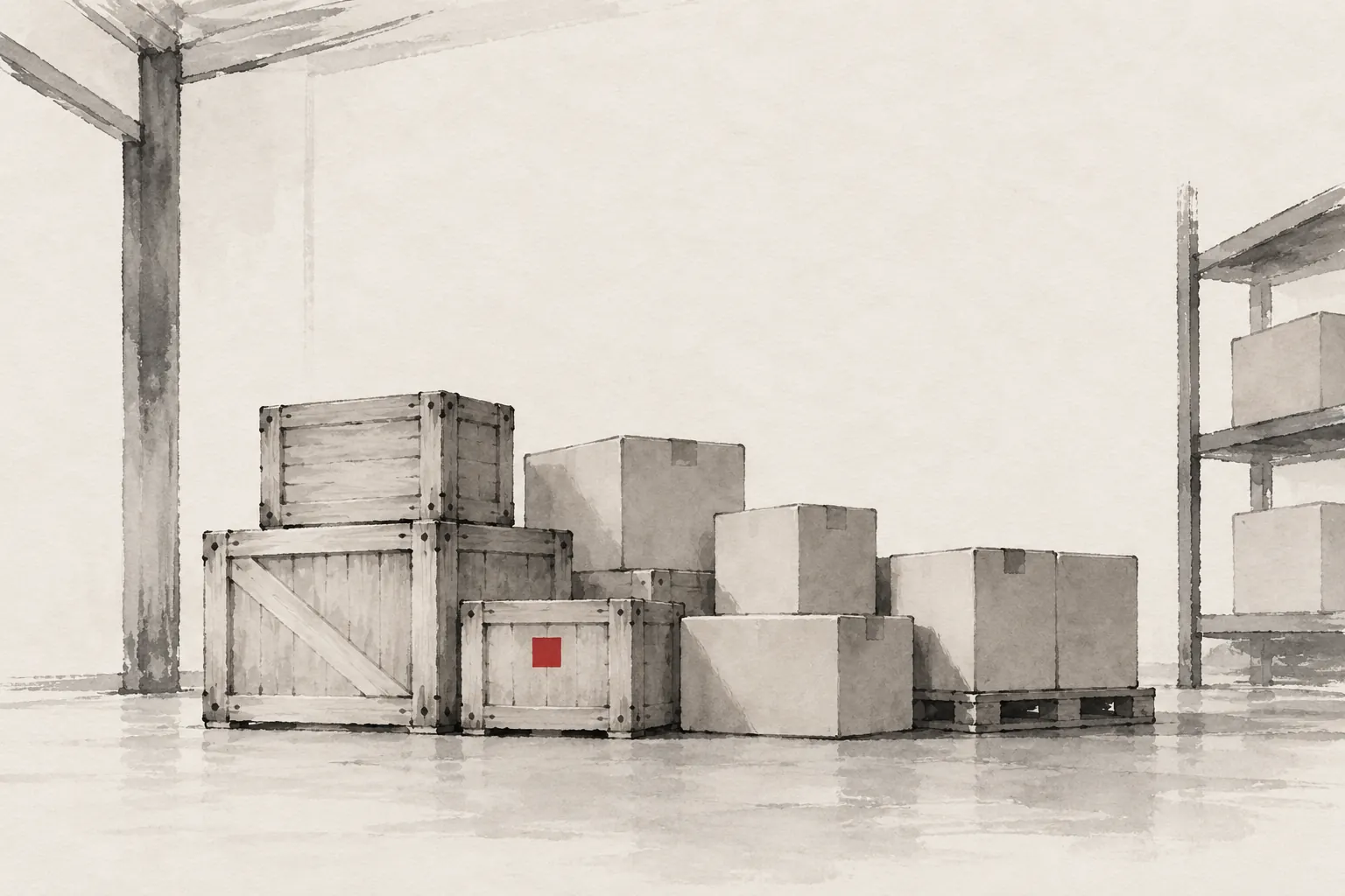 Illustration à l'encre de caisses et de cartons empilés sur des palettes dans un entrepôt.