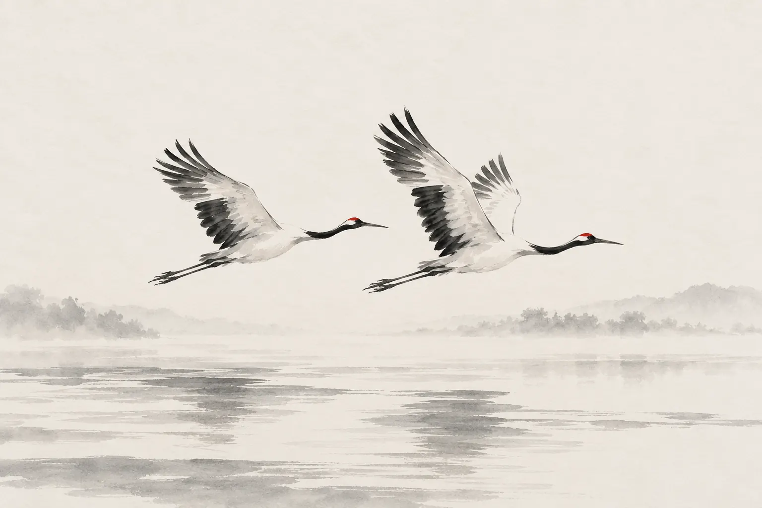 Ilustración a tinta de dos grullas volando sobre aguas con niebla.